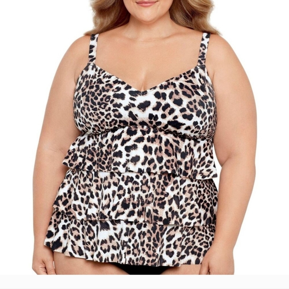 Swim Solutions Plus Size Triple Tier Tankini Top Leopard Print NWT SIZE 16